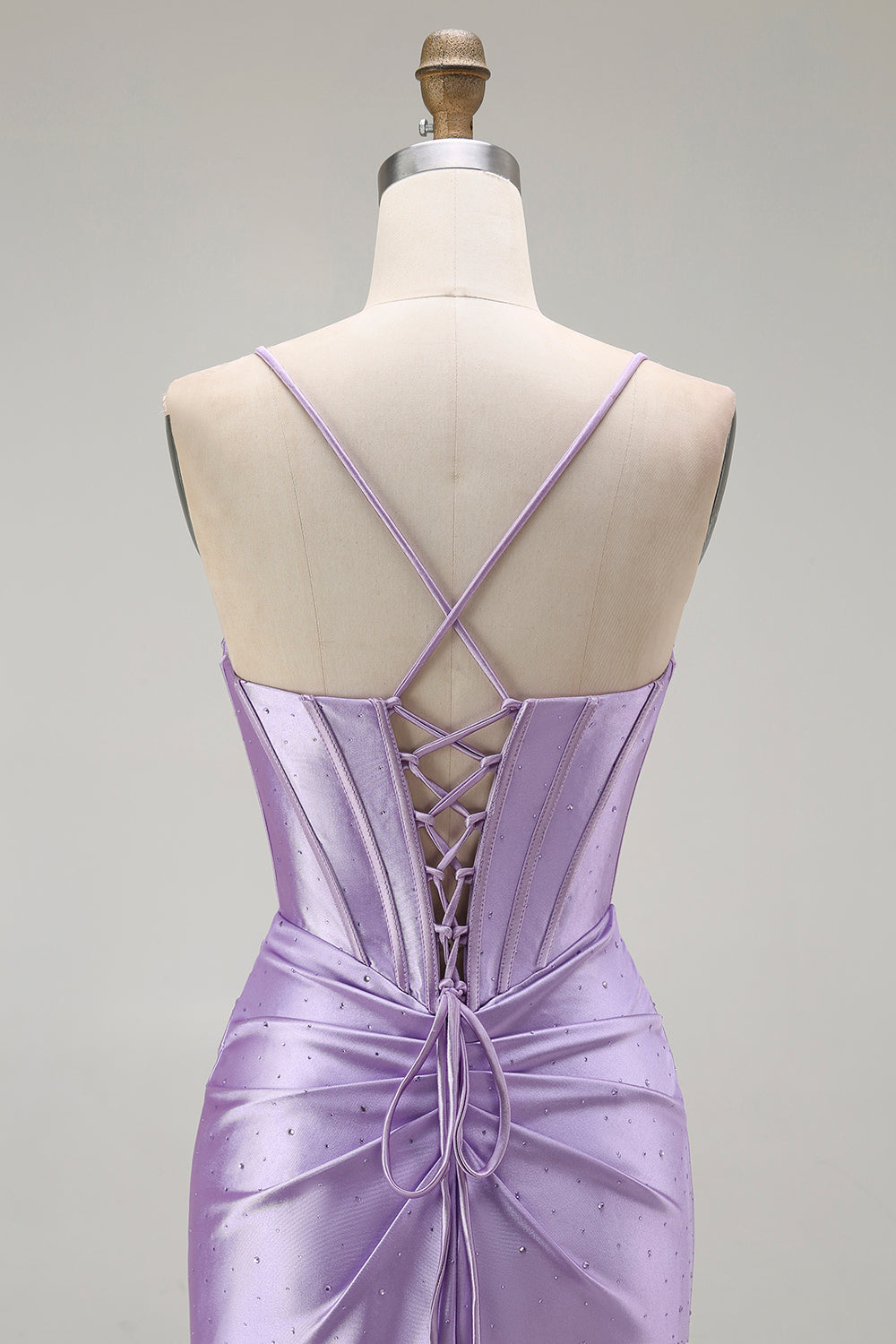 Purple Mermaid Spaghetti Straps Corset Beaded Long Prom Dress with Slit