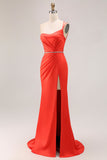 One Shoulder Orange Mermaid Beaded Long Prom Dress With Slit