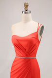 One Shoulder Orange Mermaid Beaded Long Prom Dress With Slit