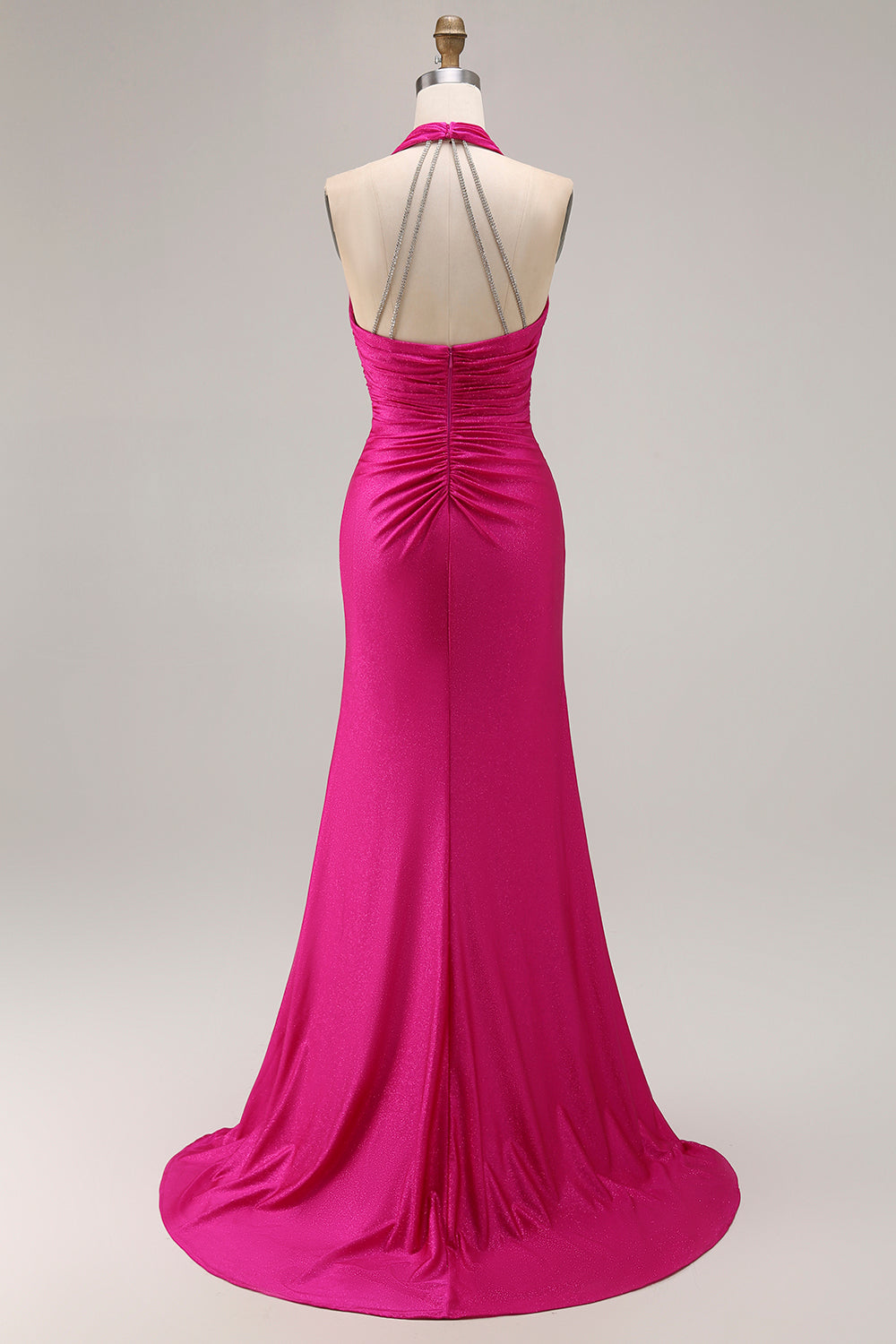 Fuchsia Halter Ruched Mermaid Long Prom Dress With Slit