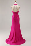Fuchsia Halter Ruched Mermaid Long Prom Dress With Slit