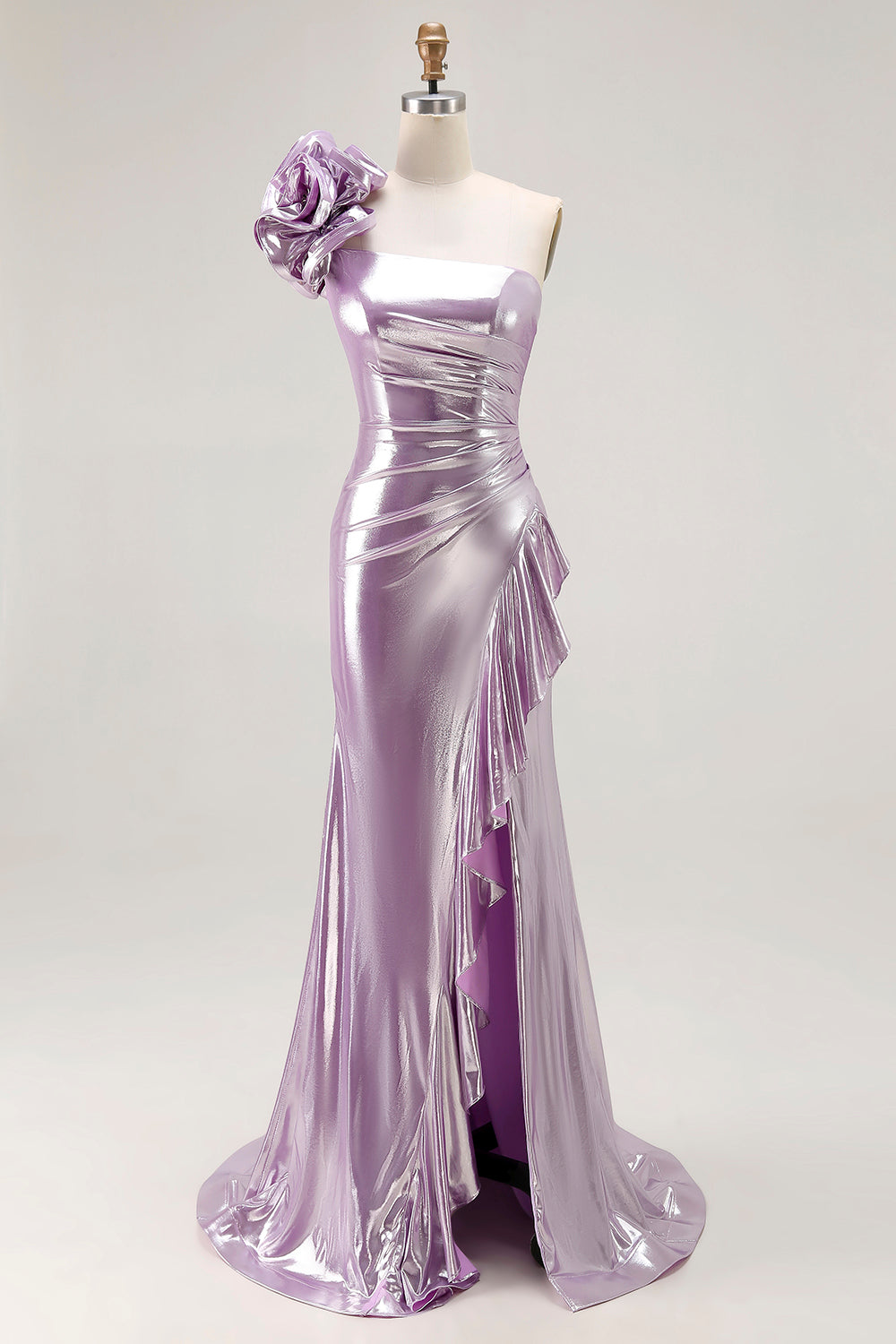 Metallic Lilac One-Shoulder Long Prom Dress with Draped Ruffle Detail