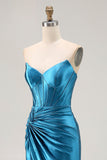 Royal Blue Strapless Ruched Corset Mermaid Beaded Long Prom Dress With Slit