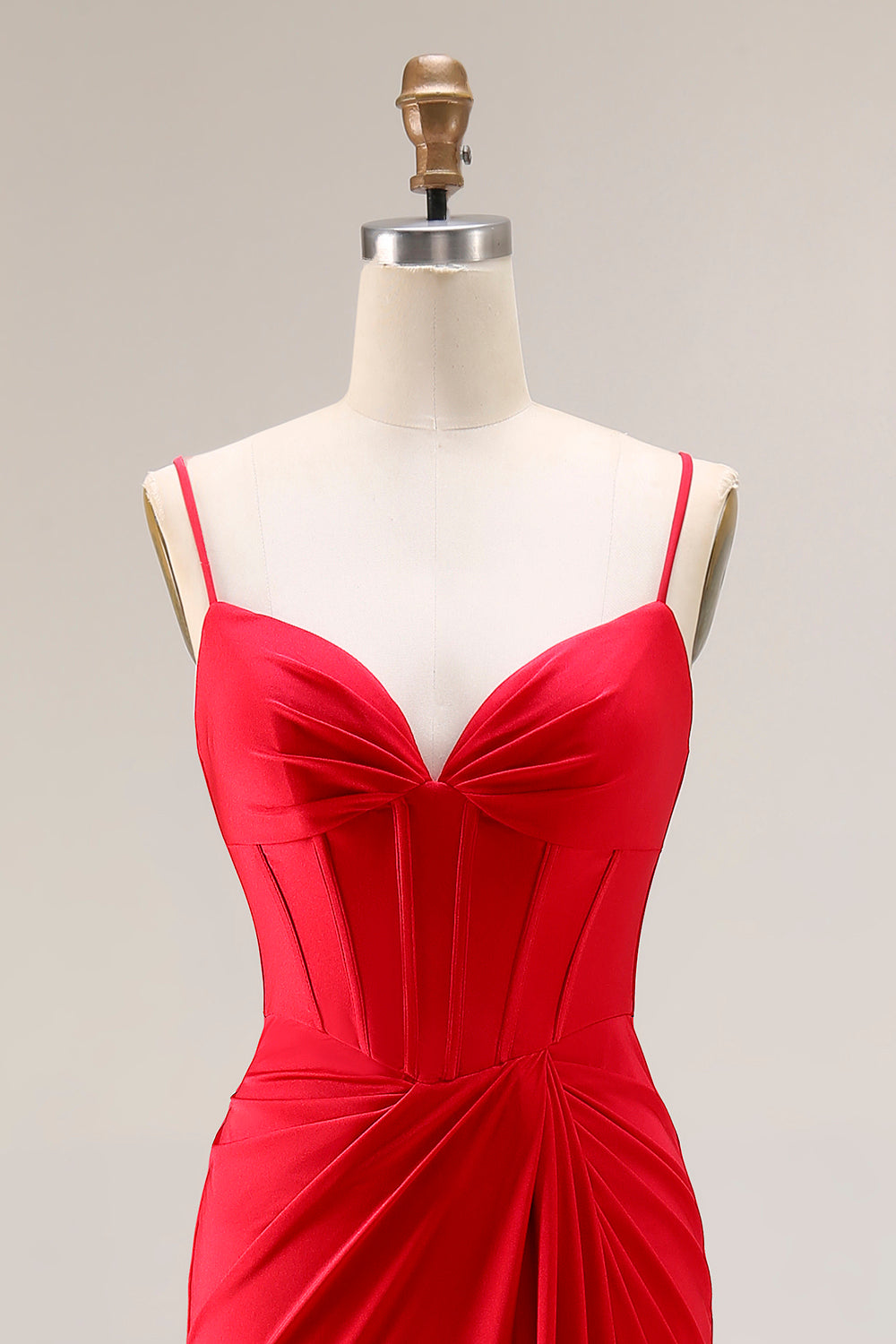 Red Mermaid Corset Spaghetti Straps Ruched Satin Long Prom Dress