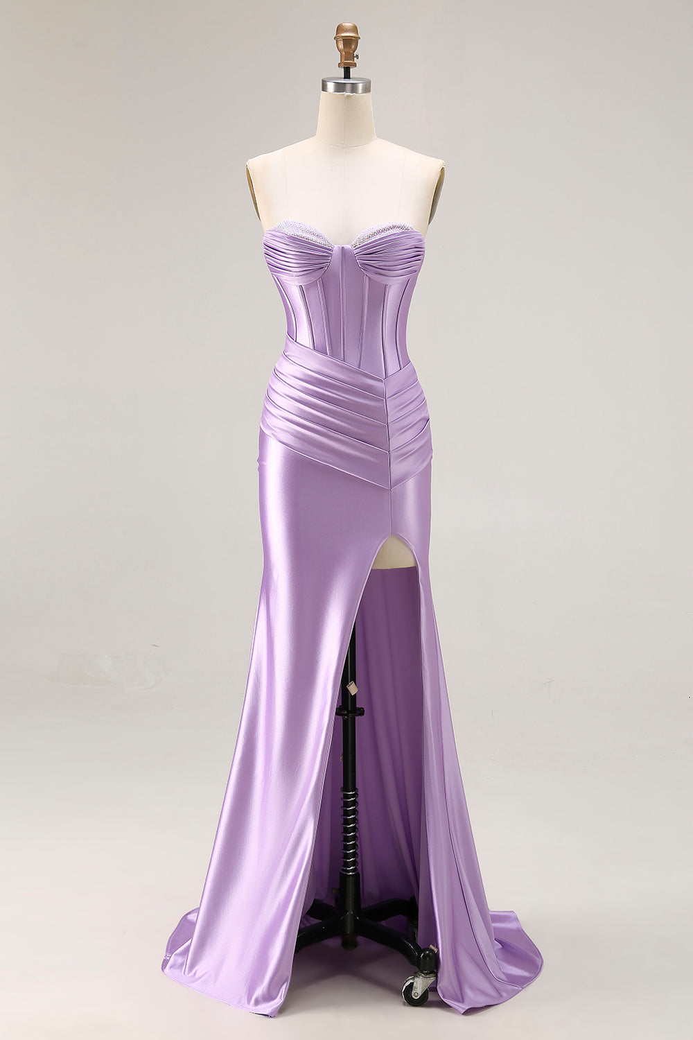 Strapless Purple Mermaid Corset Pleated Long Prom Dress With Slit