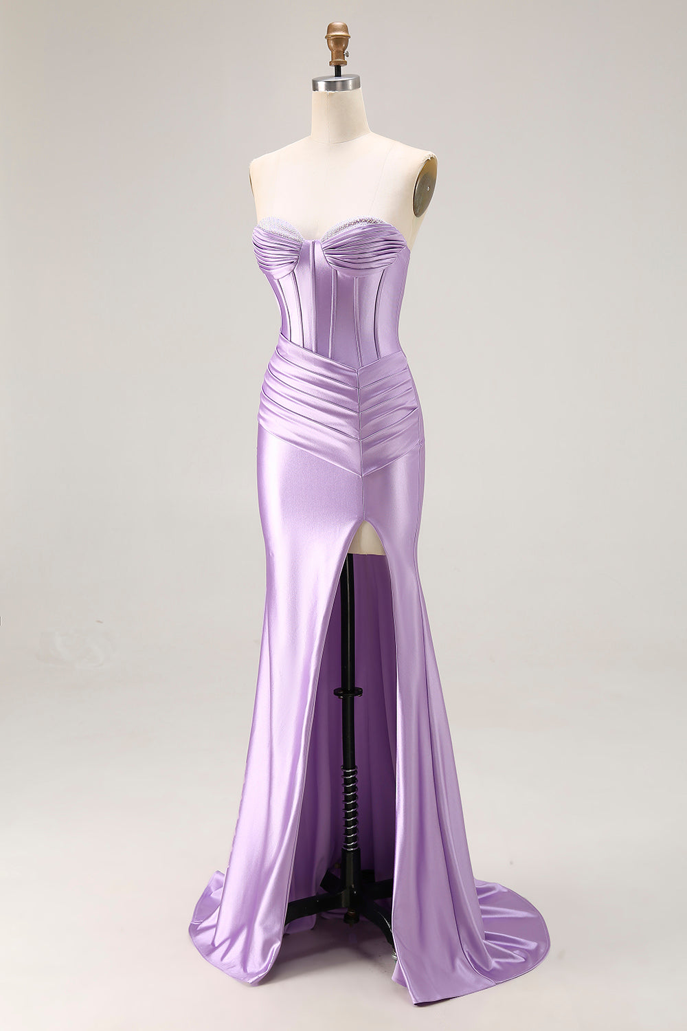 Strapless Purple Mermaid Corset Pleated Long Prom Dress With Slit