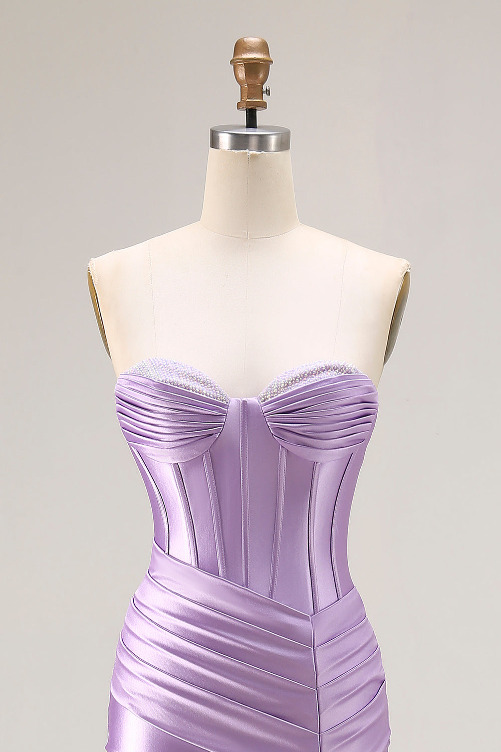 Strapless Purple Mermaid Corset Pleated Long Prom Dress With Slit
