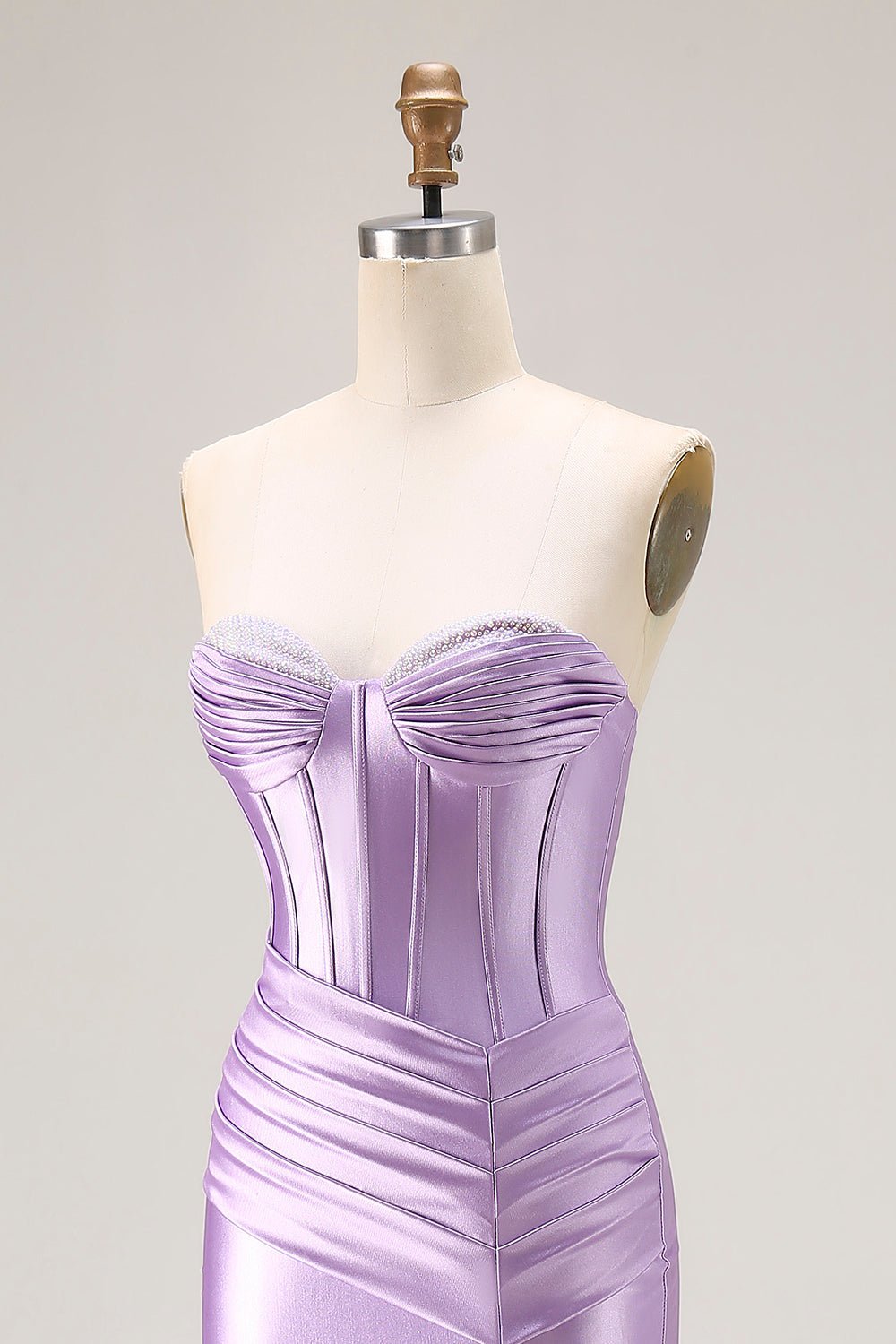 Strapless Purple Mermaid Corset Pleated Long Prom Dress With Slit