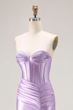 Strapless Purple Mermaid Corset Pleated Long Prom Dress With Slit