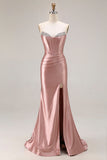 Dusty Rose Mermaid Strapless Beaded Corset Satin Long Prom Dress with Slit