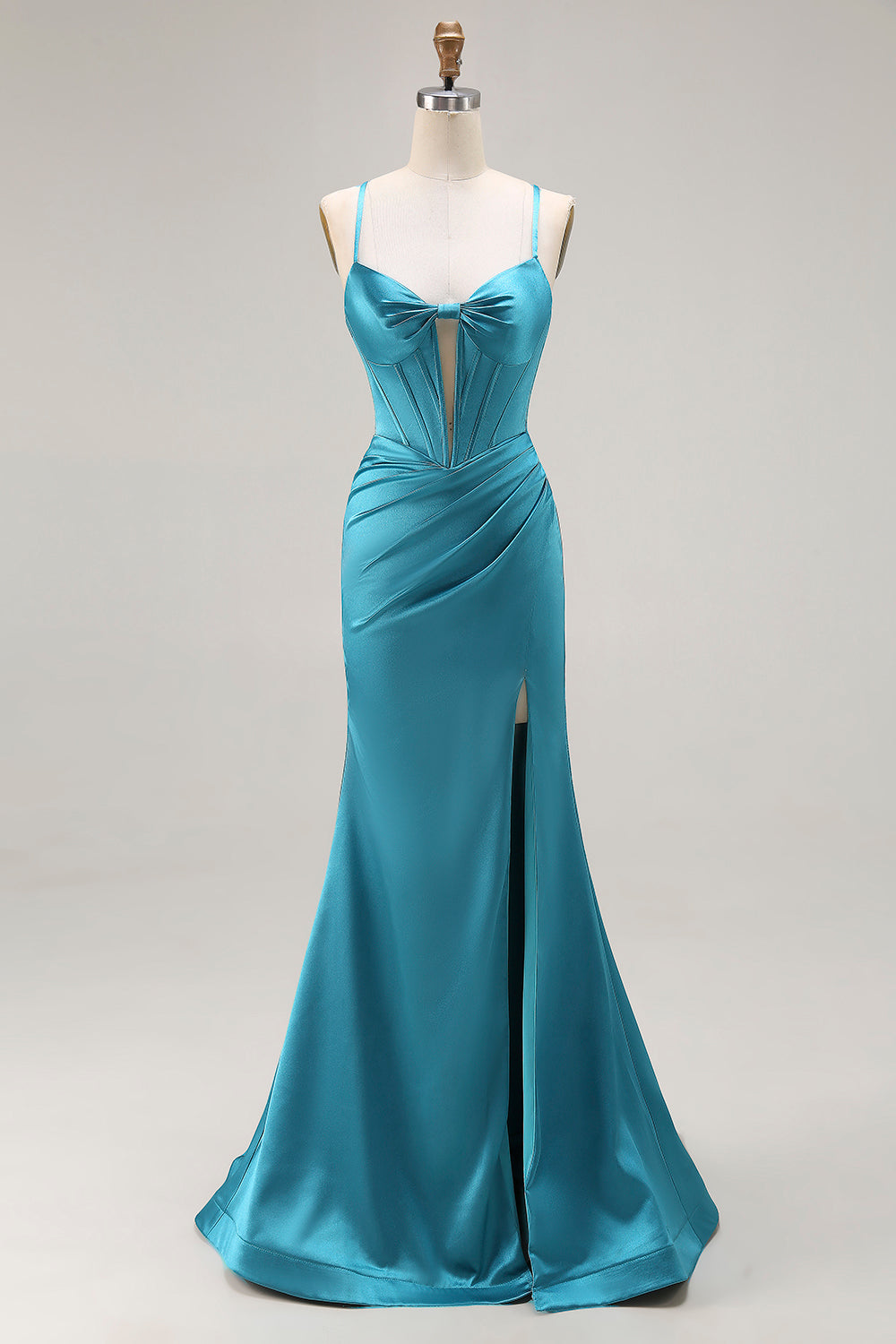 Peacock Blue Corset Mermaid Cut-Out Satin Long Prom Dress with Slit