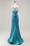 Peacock Blue Corset Mermaid Cut-Out Satin Long Prom Dress with Slit