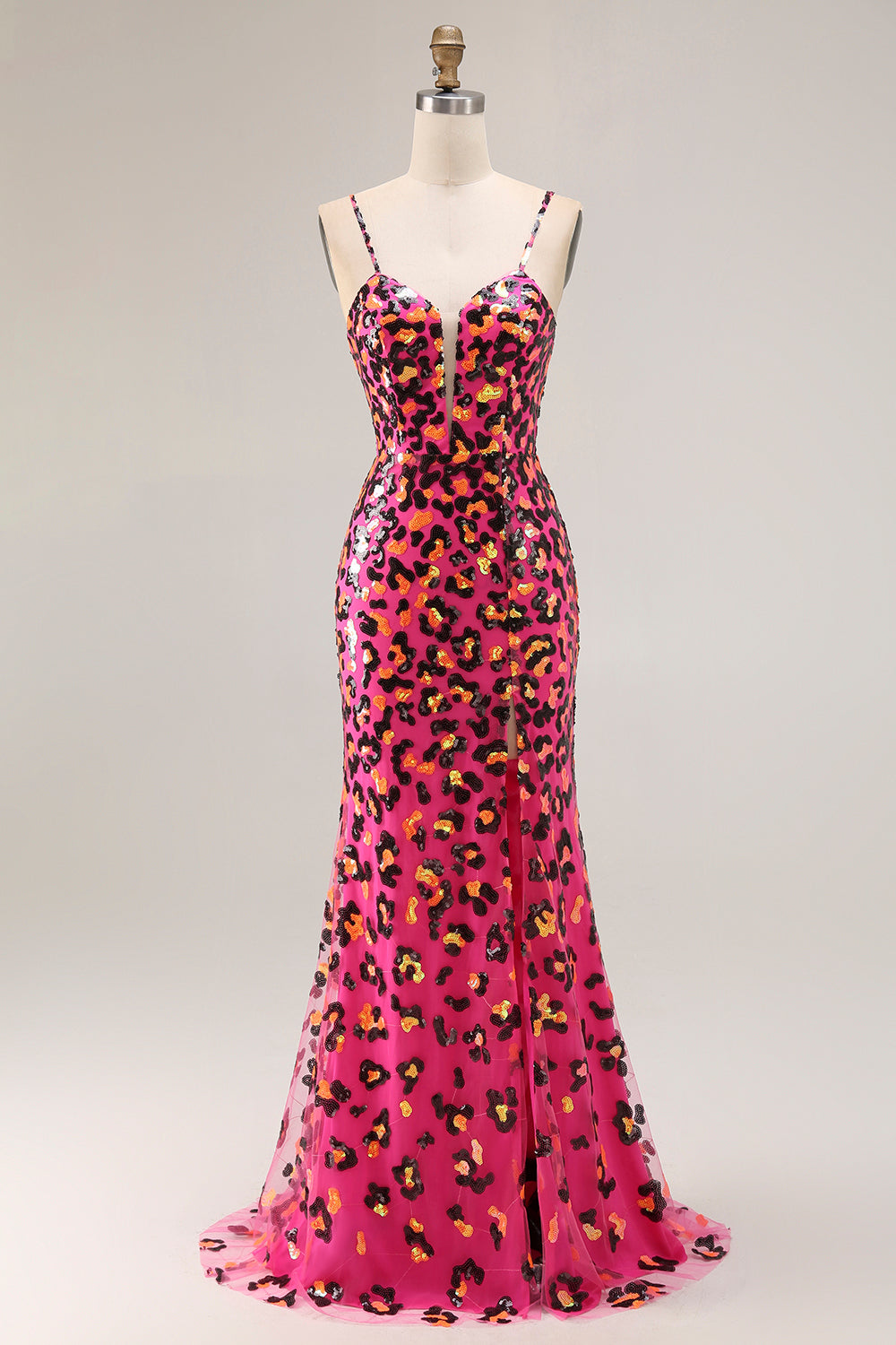 Fuchsia Leopard Mermaid Sequins Spaghetti Straps Long Prom Dress With Slit
