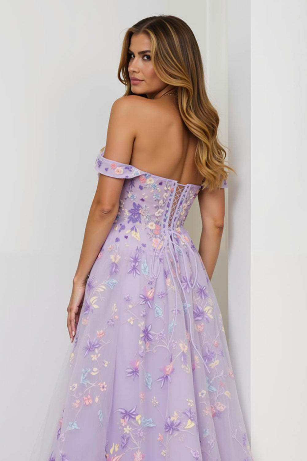 Lilac A Line Off The Shoulder Embroidered Long Prom Dress with Slit