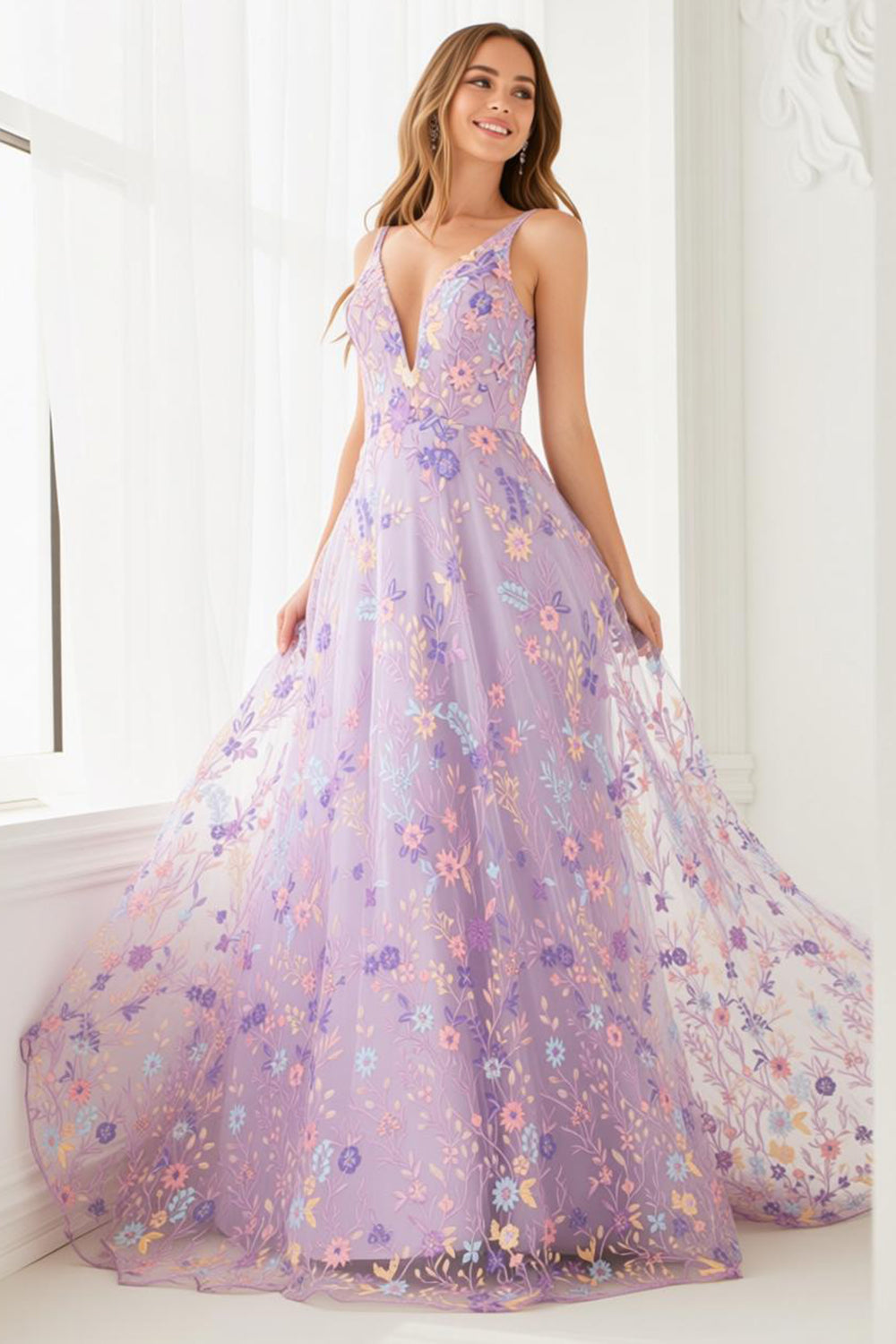 Lilac Floral A Line Spaghetti Straps Long Prom Dress with Embroidery