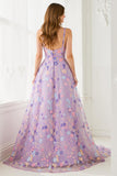 Lilac Floral A Line Spaghetti Straps Long Prom Dress with Embroidery
