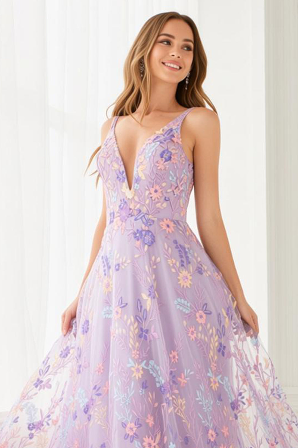 Lilac Floral A Line Spaghetti Straps Long Prom Dress with Embroidery