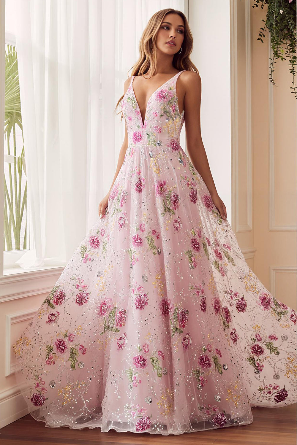 Pink Flower A Line V Neck Open Back Long Prom Dress with Beading
