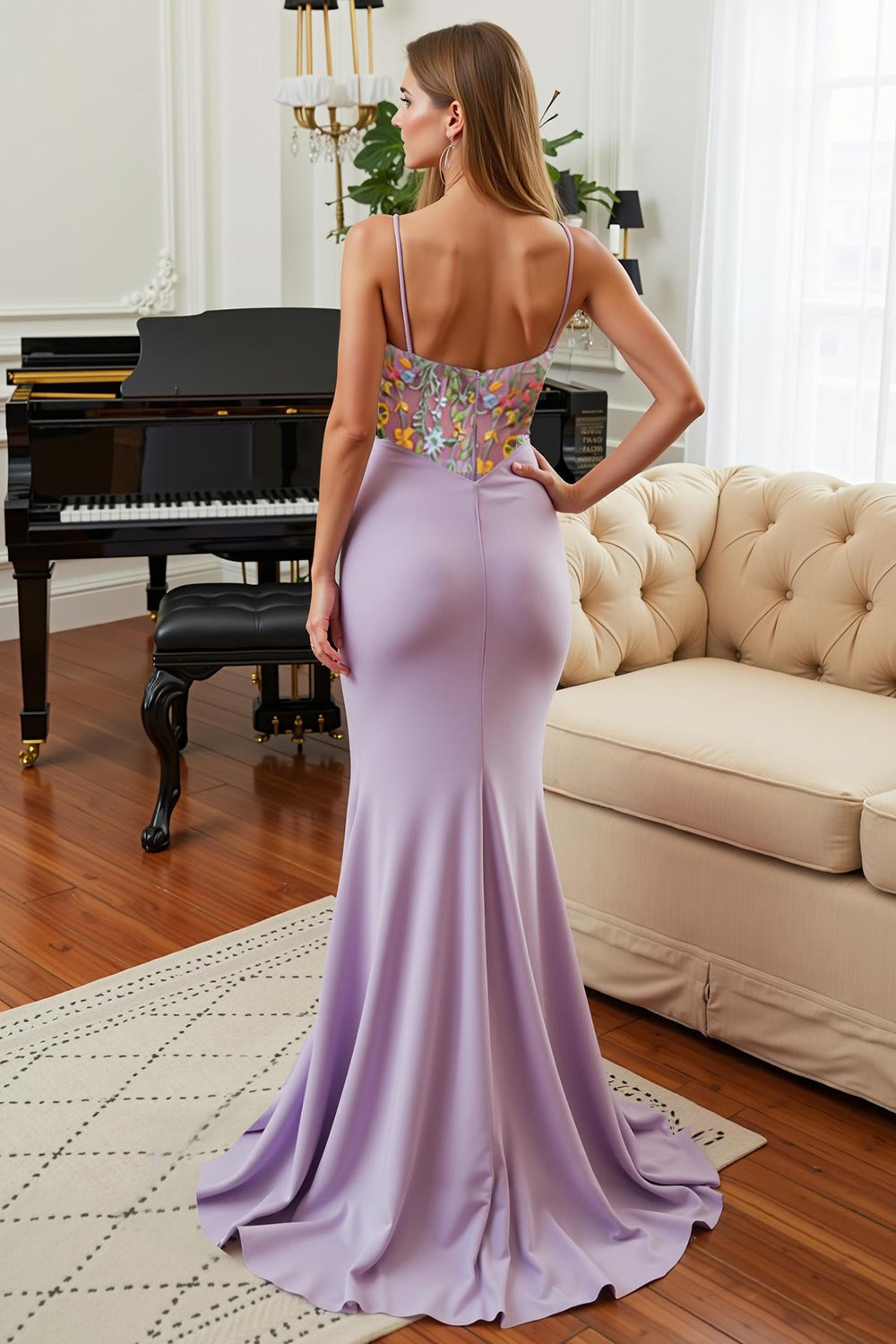 Lilac Floral Mermaid Spaghetti Straps Prom Dress