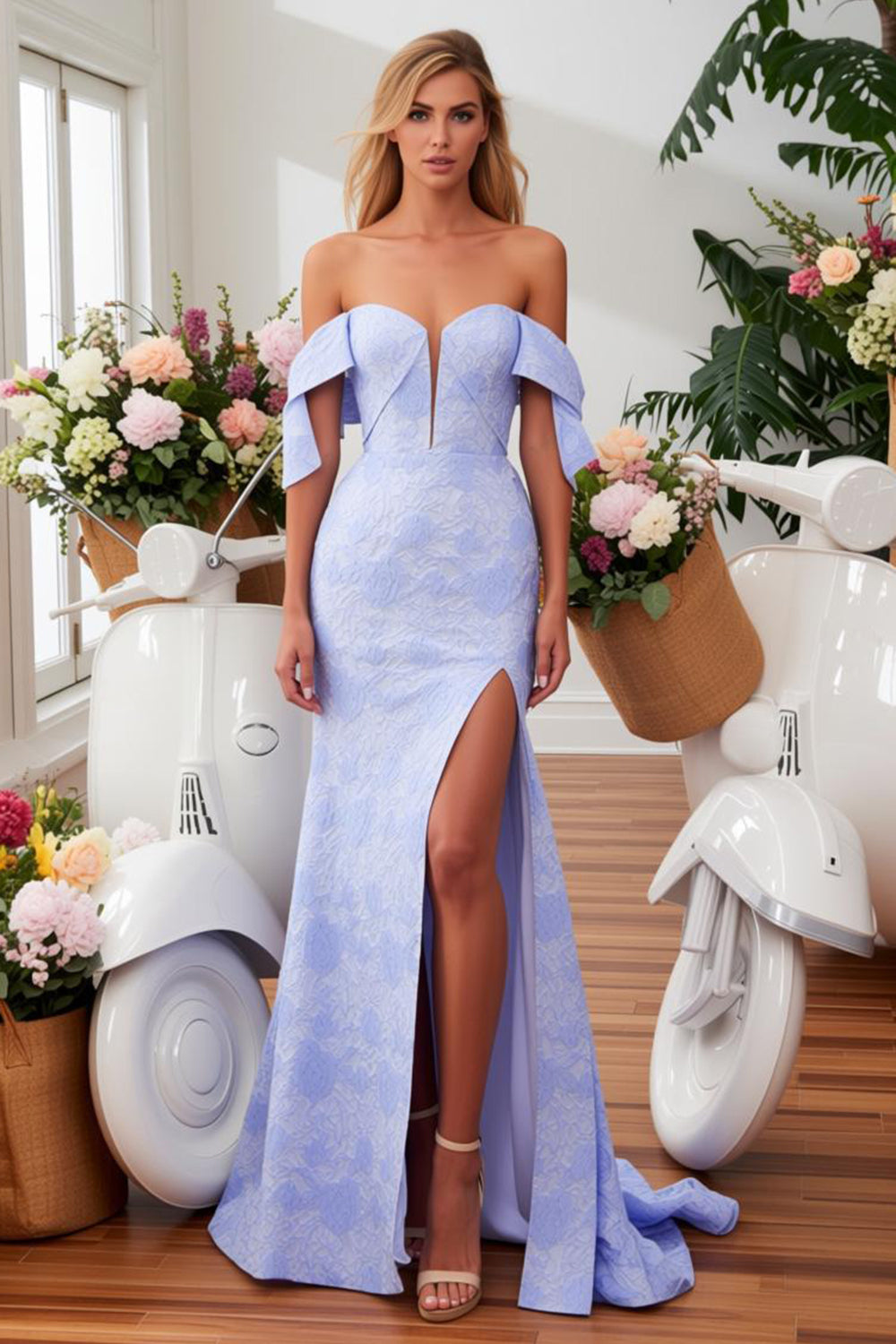 Blue Printed Off The Shoulder Mermaid Prom Dress With Slit