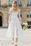 Ivory Lace A Line Round Neck Tea Length Engagement Dress with Bows
