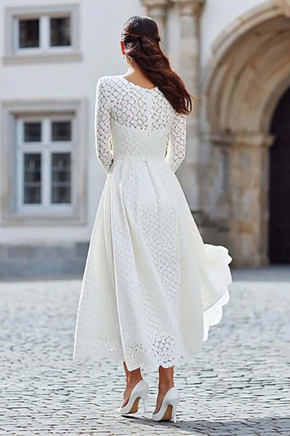 Ivory Lace A Line Long Wedding Reception Dress with Long Sleeves