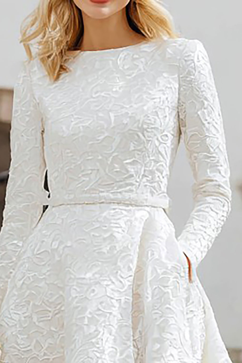Ivory Jacquard Boat Neck A Line Registry Office Wedding Dress