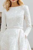 Ivory Jacquard Boat Neck A Line Registry Office Wedding Dress