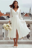 Ivory V Neck A Line Registry Office Wedding Dress with Slit
