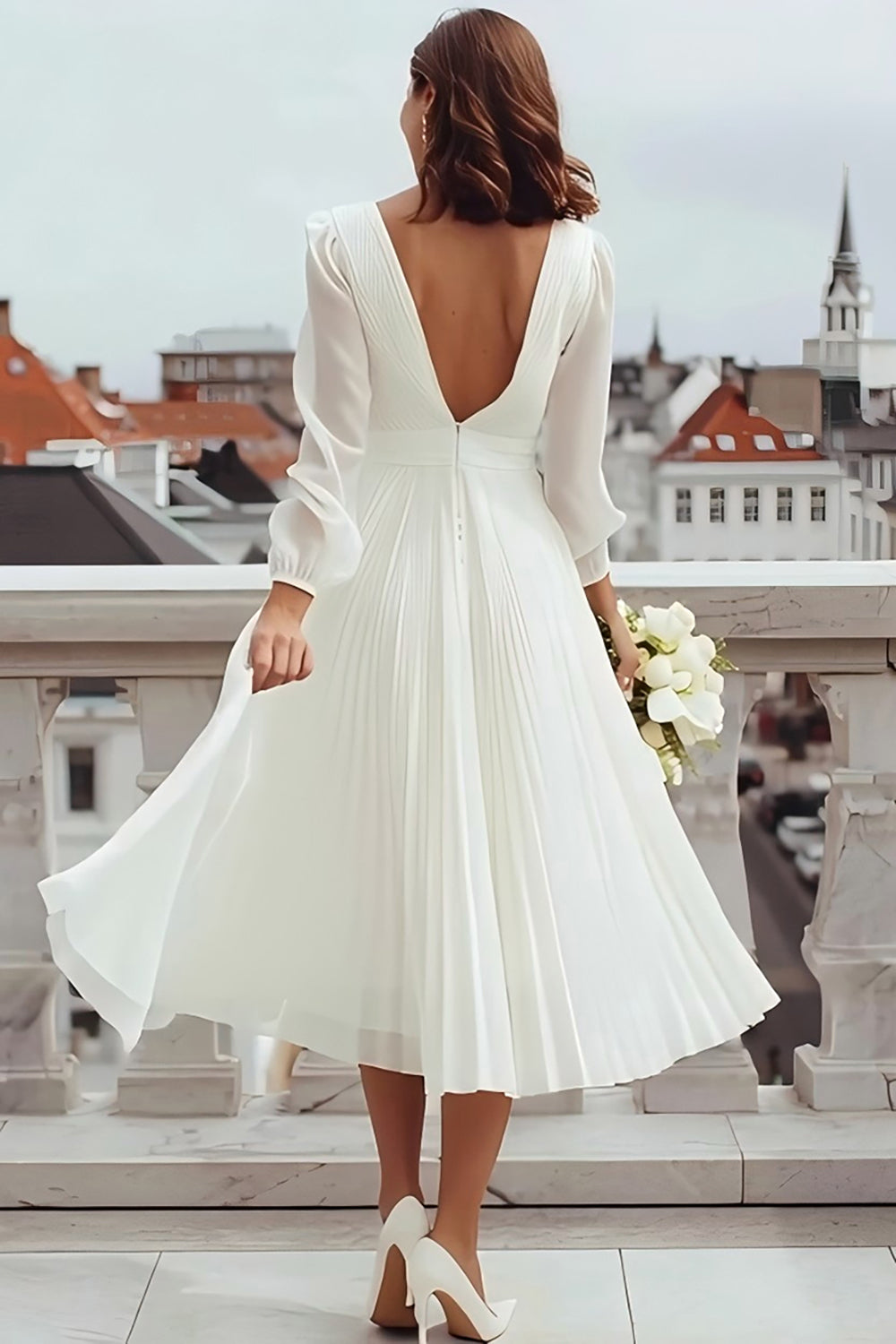 Ivory V Neck A Line Registry Office Wedding Dress with Slit