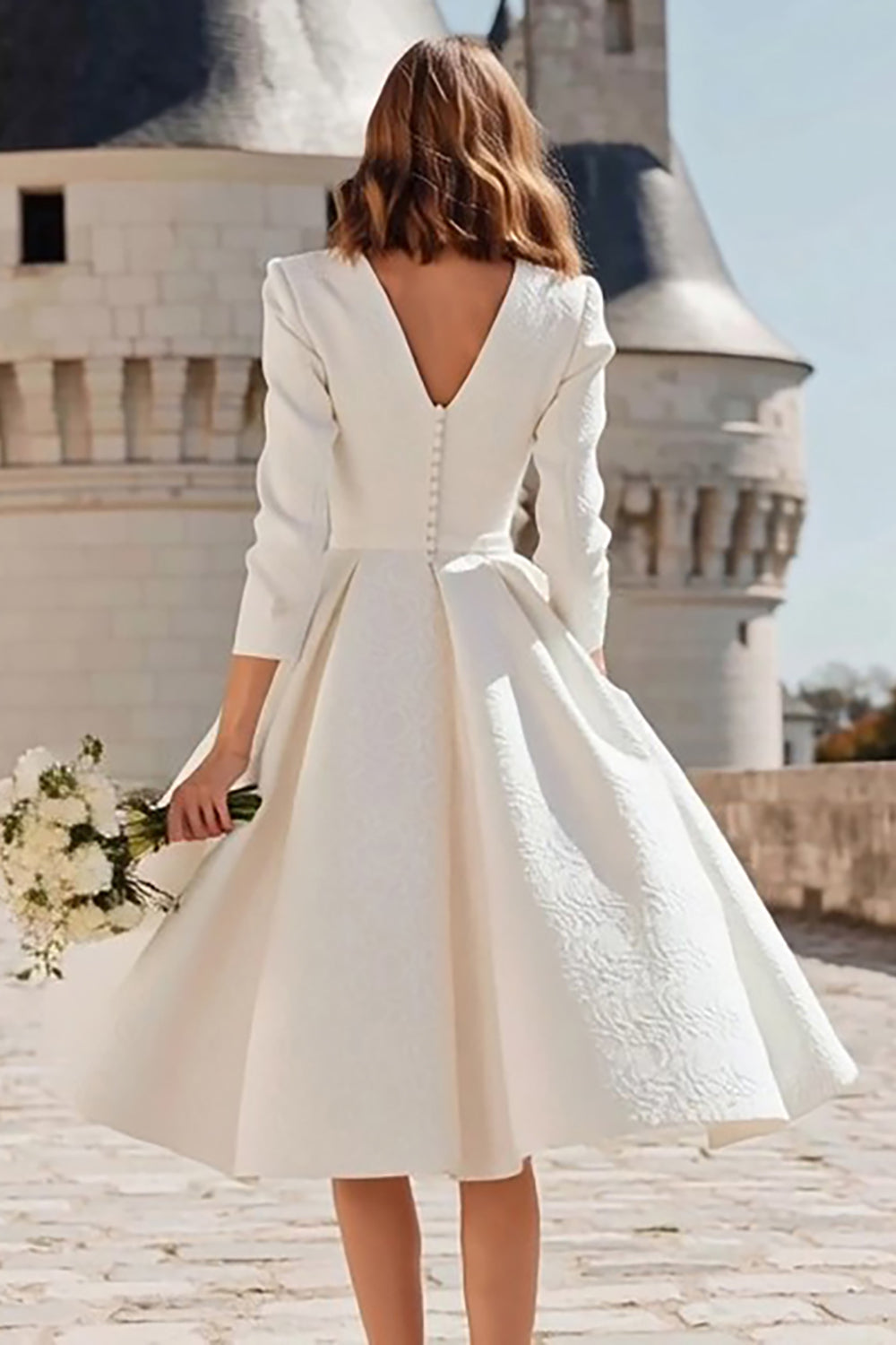 Ivory A Line V Neck Midi Registry Office Wedding Dress
