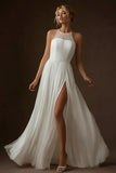 White Chiffon A Line Pleated Long Wedding Dress with Slit