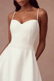 Simple White A Line Satin Spaghetti Straps Wedding Dress