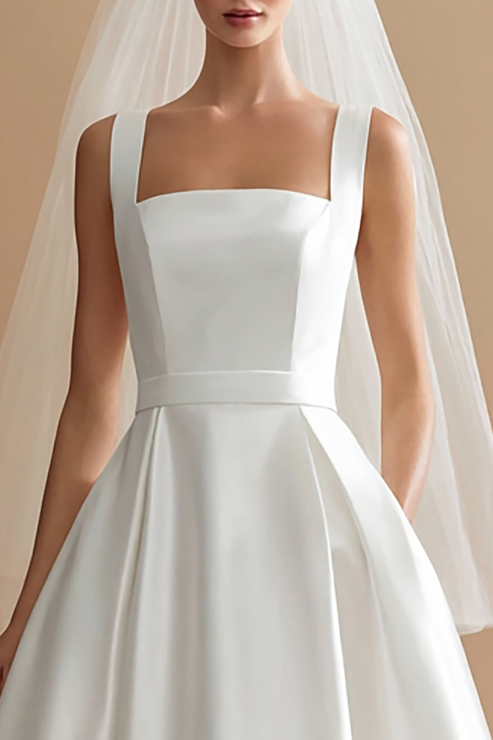 White Satin A Line Square Neck Midi Wedding Dress
