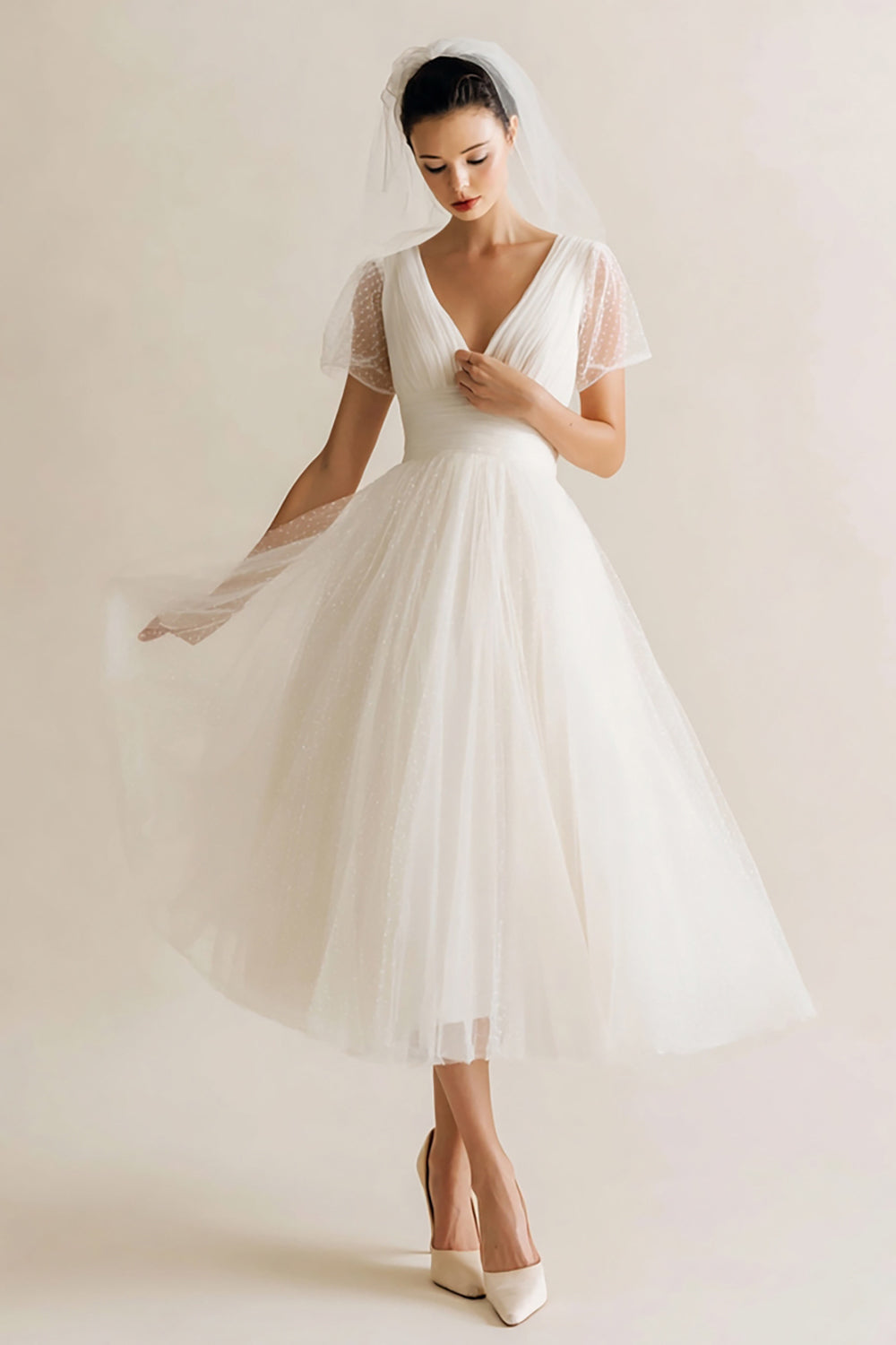 White V-Neck A Line Dotted Tulle Midi Wedding Dress
