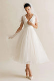 White V-Neck A Line Dotted Tulle Midi Wedding Dress