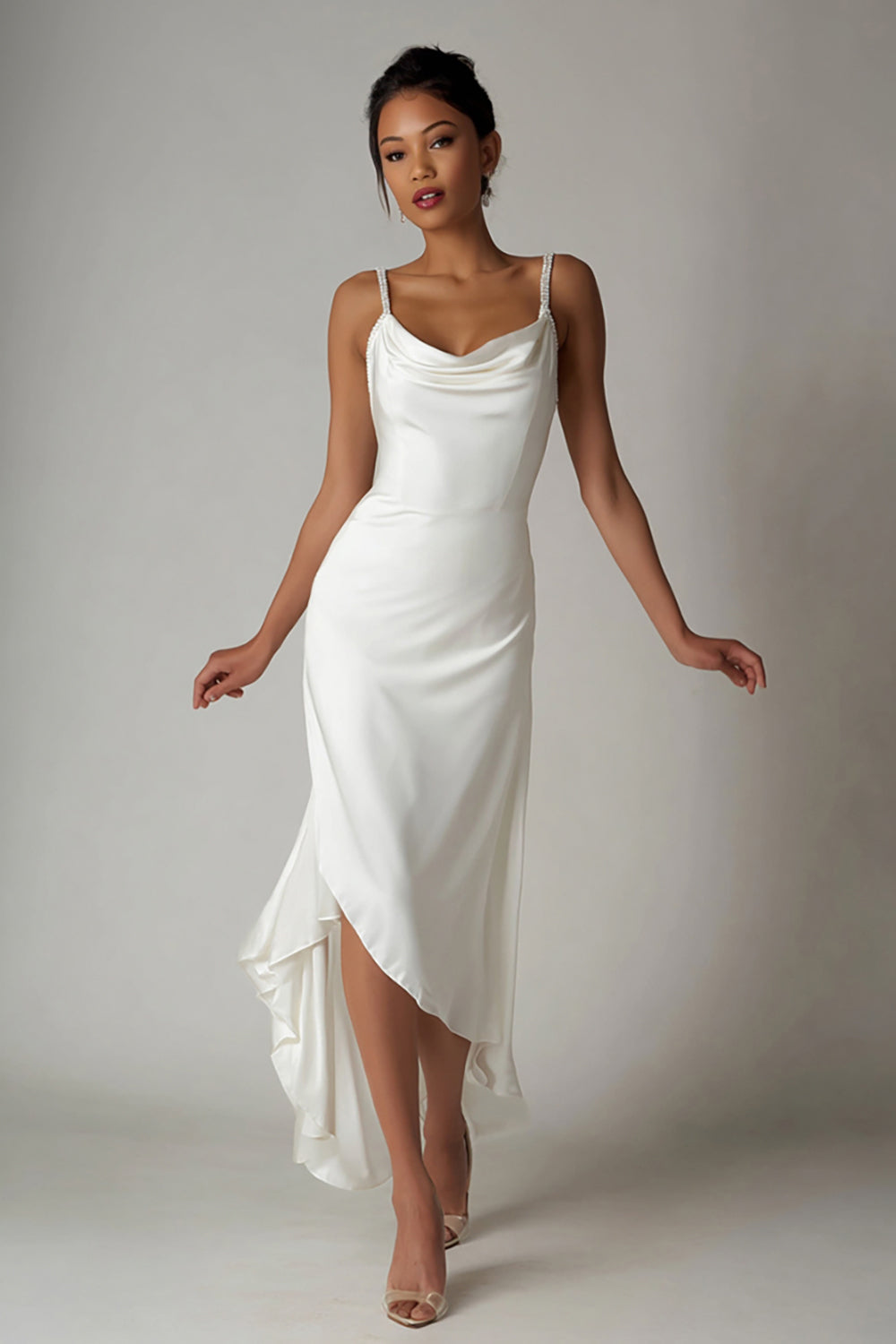 White Cowl Neck Satin High-Low Rehearsal Dinner Dress