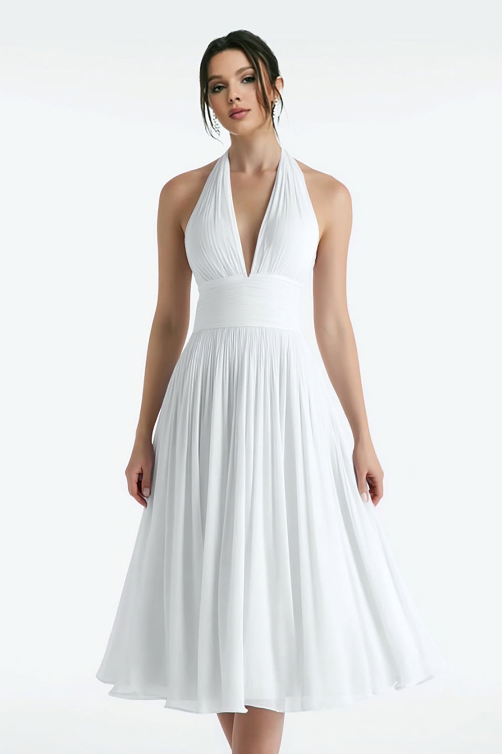 White Halter A Line Midi Rehearsal Dinner Dress