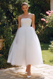 White Strapless A Line Tulle Midi Courthouse Wedding Dress