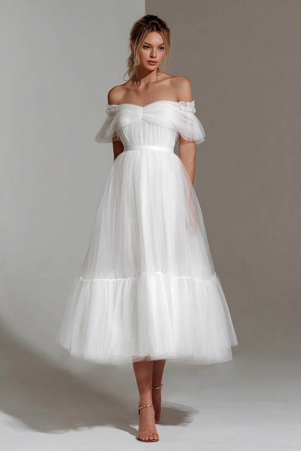 White Off The Shoulder A Line Midi Courthouse Wedding Dress