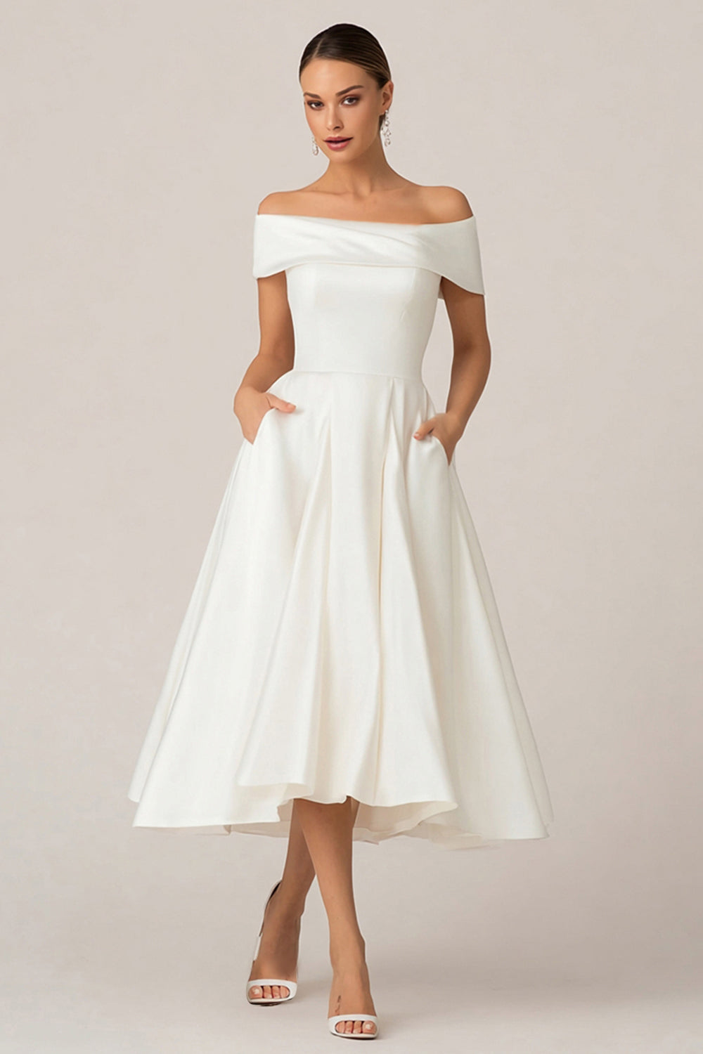Off The Shoulder A Line White Courthouse Wedding Dress