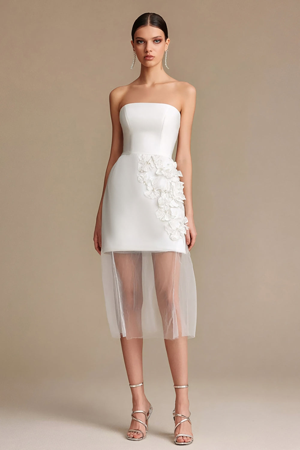Strapless White Sheath Appliqued Rehearsal Dinner Dress