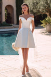 Off The Shoulder White A Line Short Courthouse Wedding Dress
