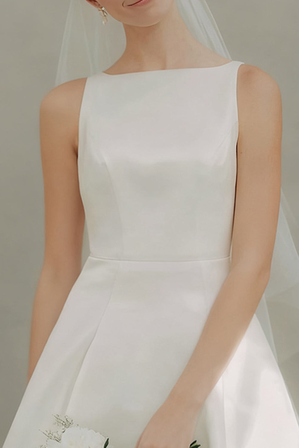 White Boat Neck A Line Short Courthouse Wedding Dress