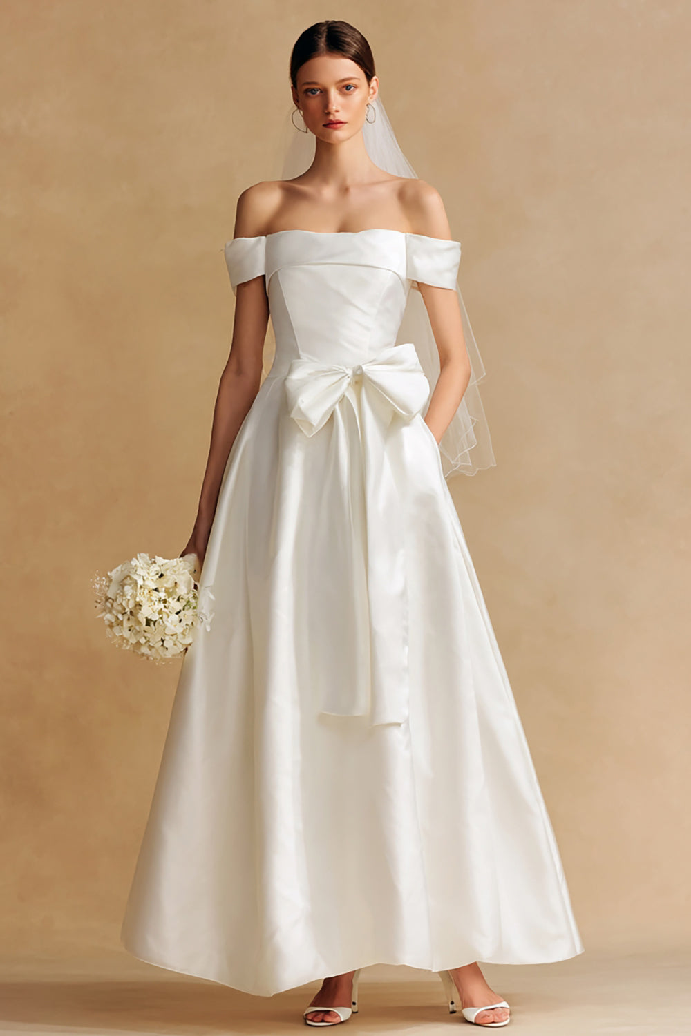 Off The Shoulder White A Line Courthouse Wedding Dress with Bow