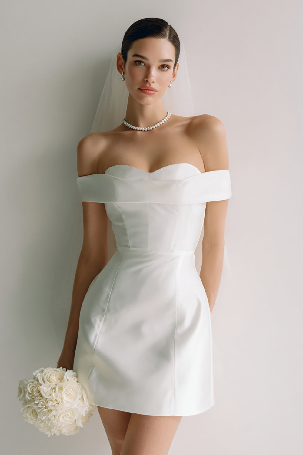 Off The Shoulder White Short Courthouse Wedding Dress