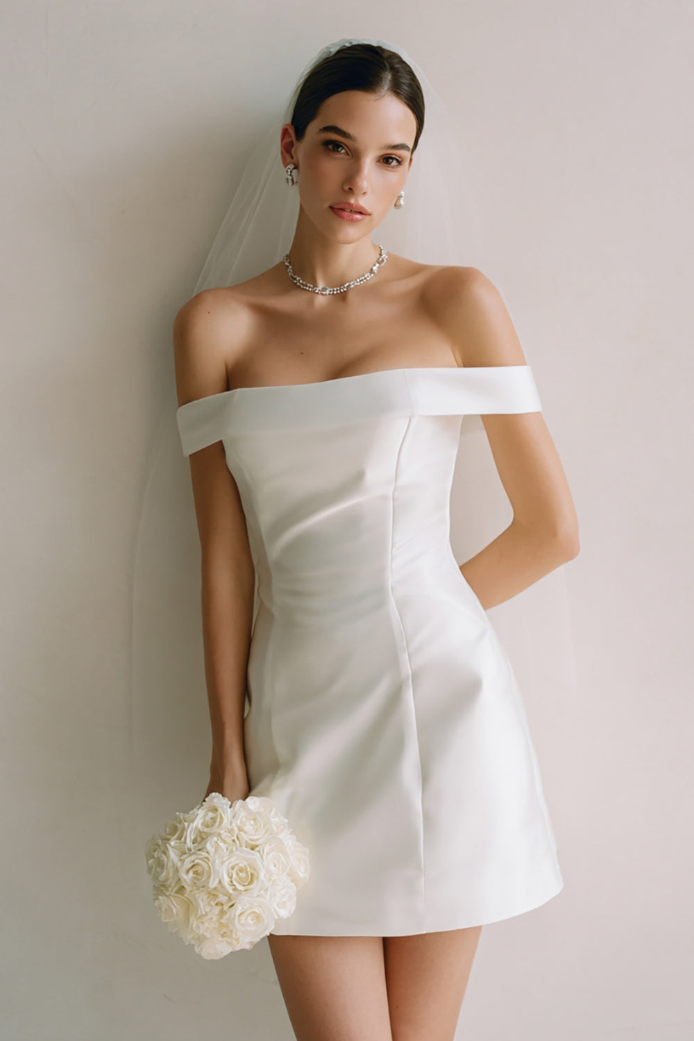 White Off the Shoulder Satin Short Courthouse Wedding Dress