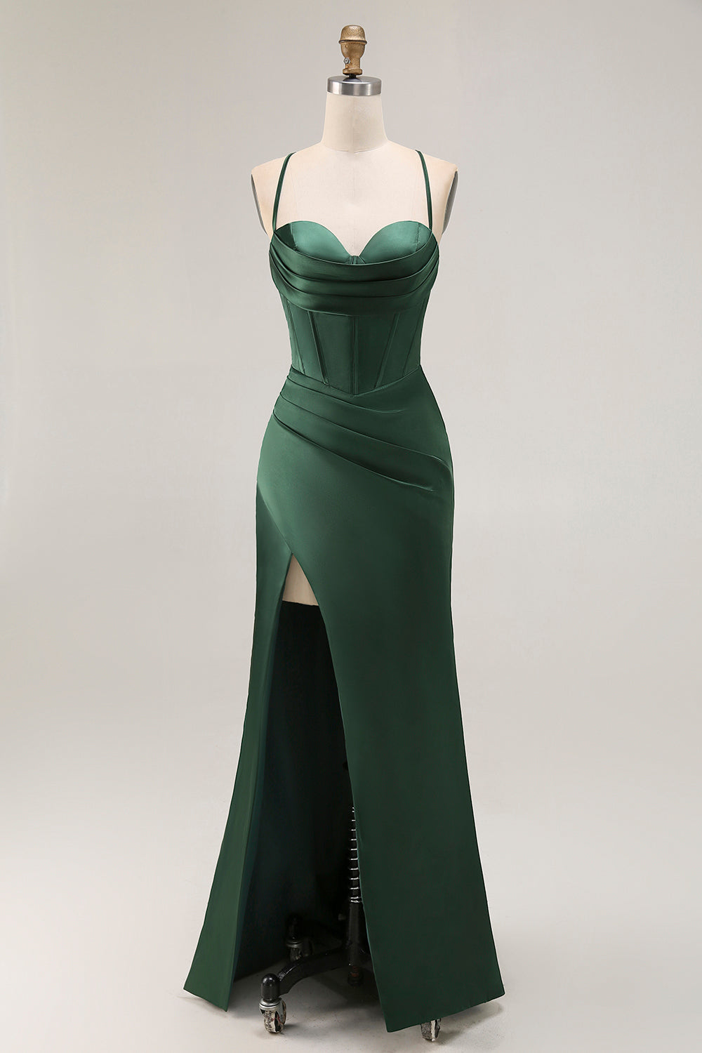 Dark Green Corset Satin Prom Dress With Slit