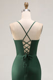 Dark Green Corset Satin Prom Dress With Slit