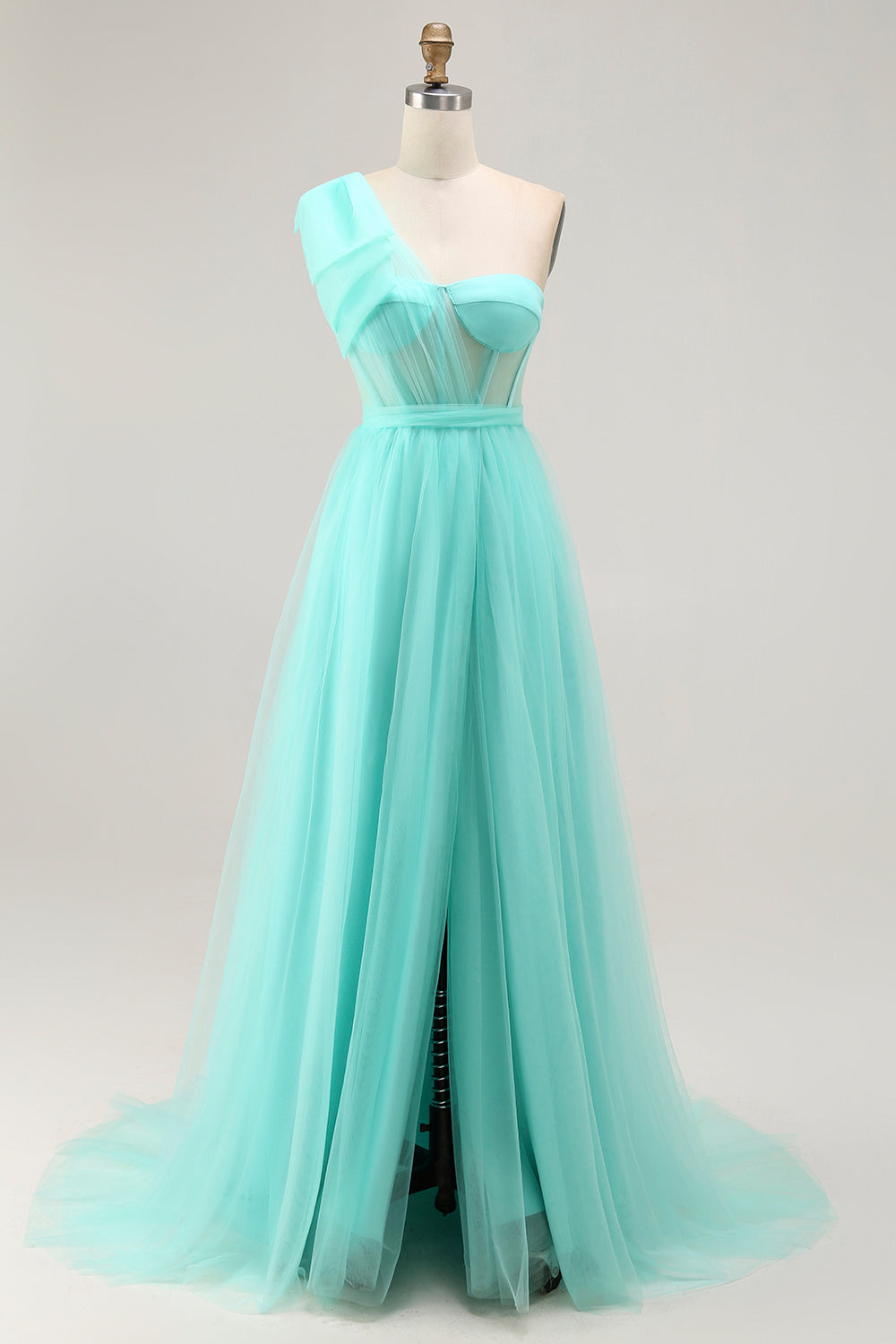 Mint Green A Line One Shoulder Corset Long Prom Dress With Slit